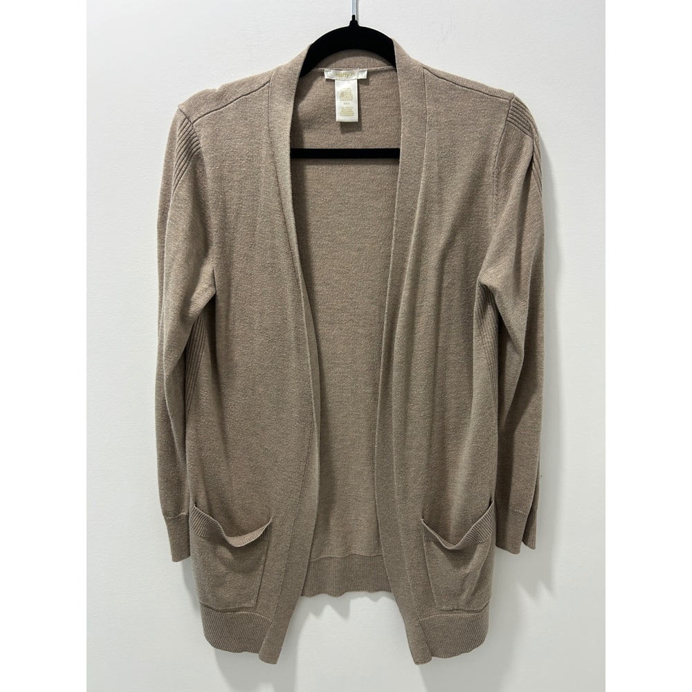 Matty M Womens Taupe Open Front Cardigan Sweater Brown Knit Pockets Medium